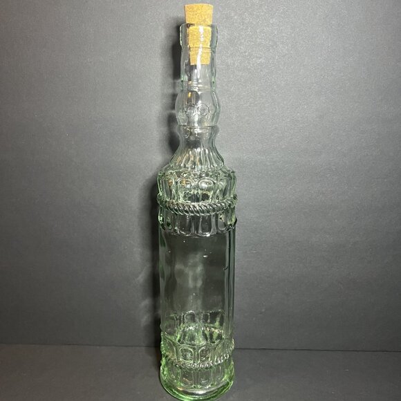 Vintage Recycled Decorative Green Ornate Glass Olive Oil Bottle w/ Cork 13.25" - Picture 5 of 8